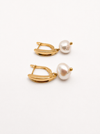 Pandan Leaf Keshi Round White Pearl Earrings