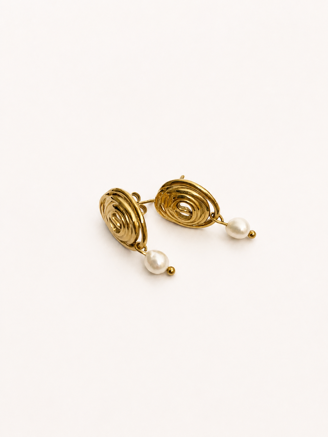 Organic Spiral Oval White Pearl Stud Earrings