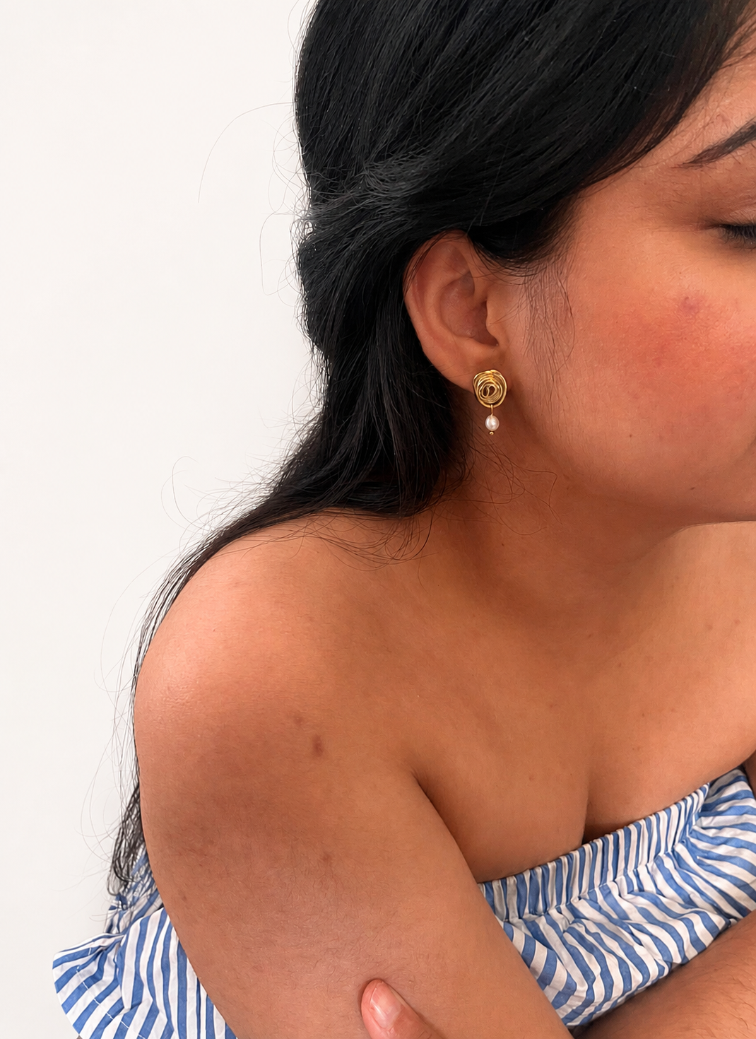 Organic Spiral Oval White Pearl Stud Earrings