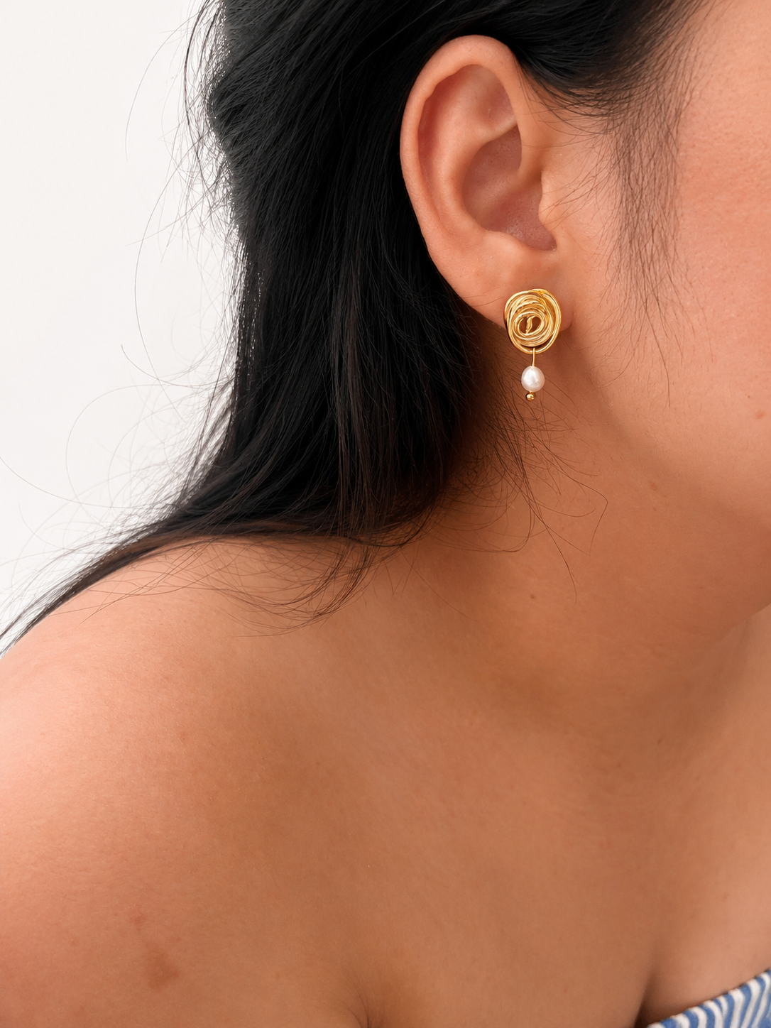 Organic Spiral Oval White Pearl Stud Earrings