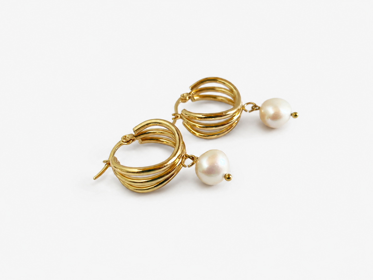 Triple Hoop Keshi Round Pearl Earrings
