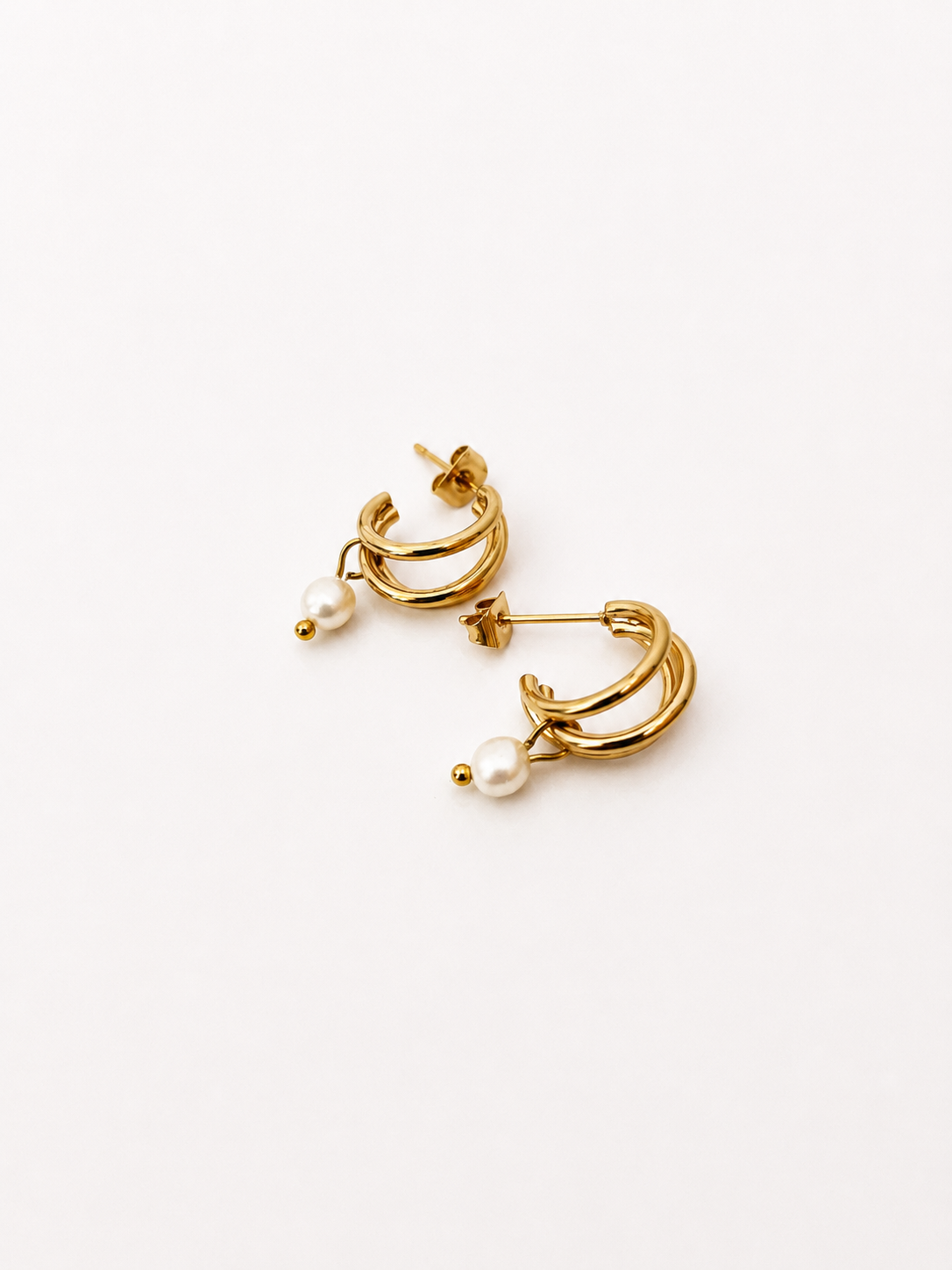 Small Triple Hoop White Pearl Earrings