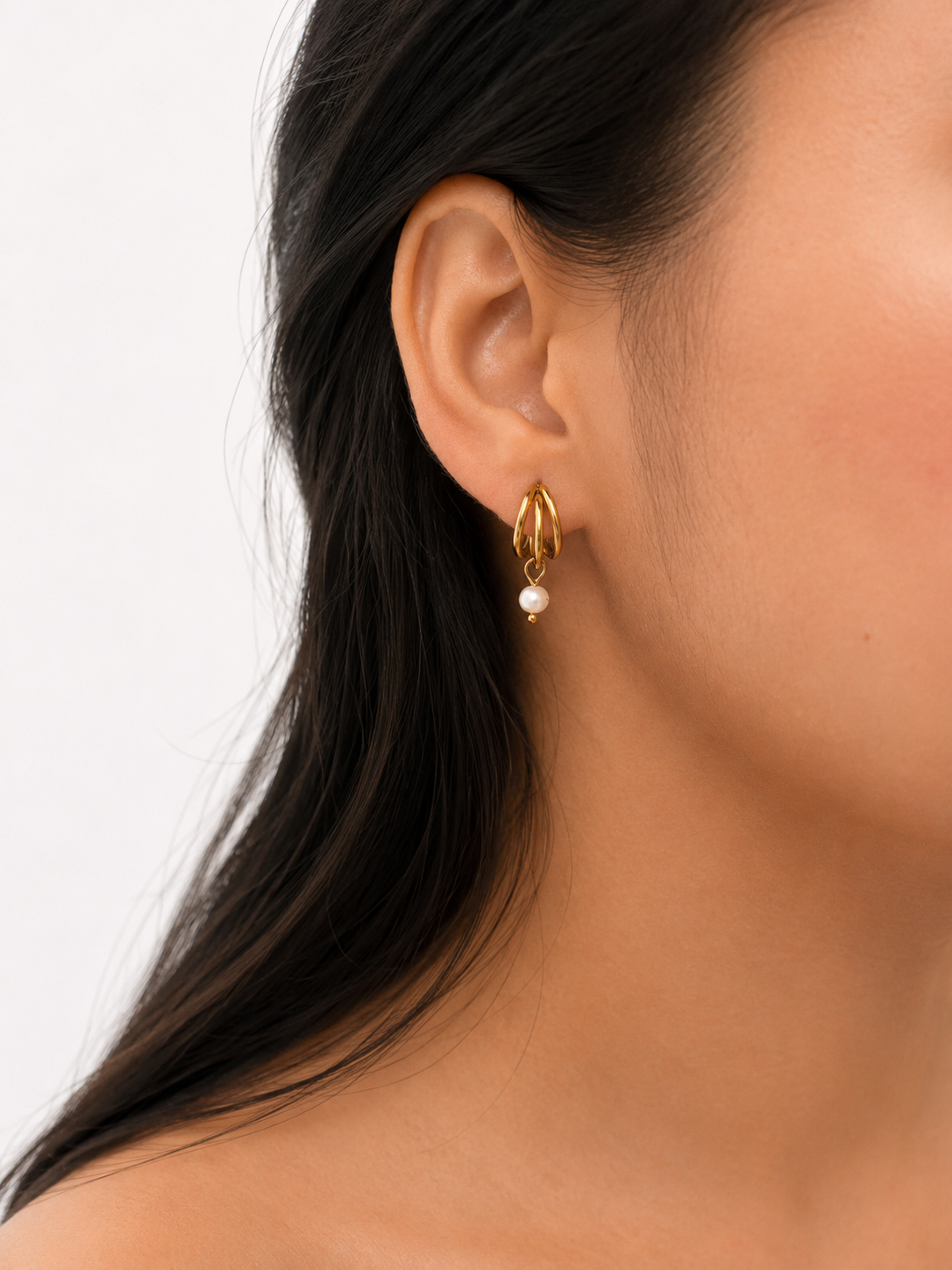 Small Triple Hoop White Pearl Earrings