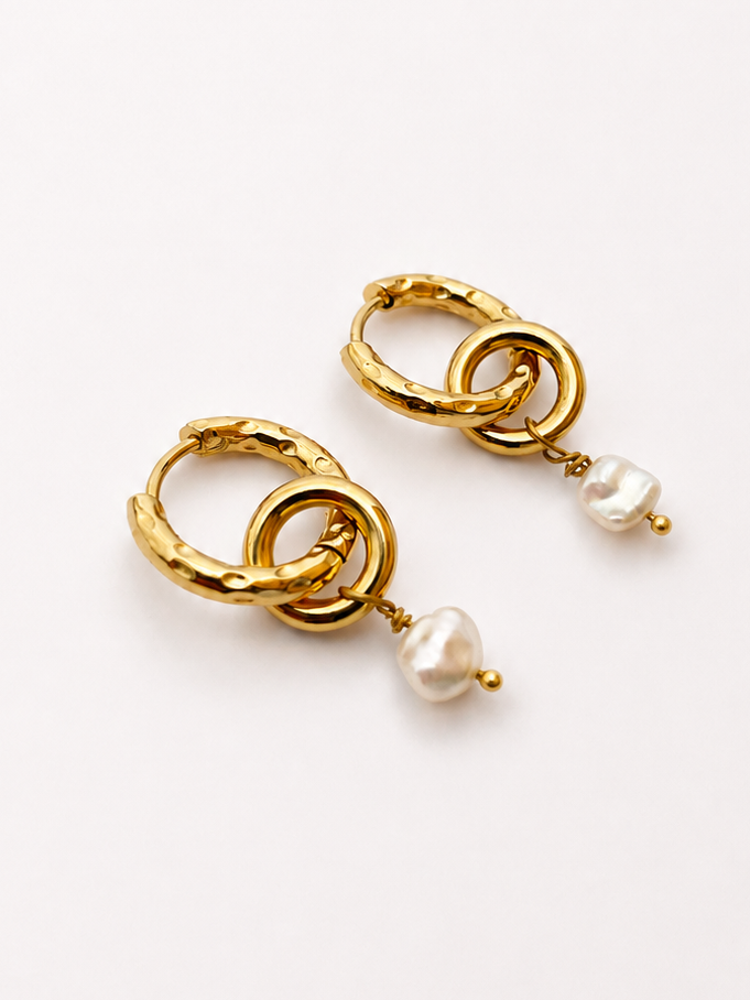 Double Hoop White Pearl Earrings