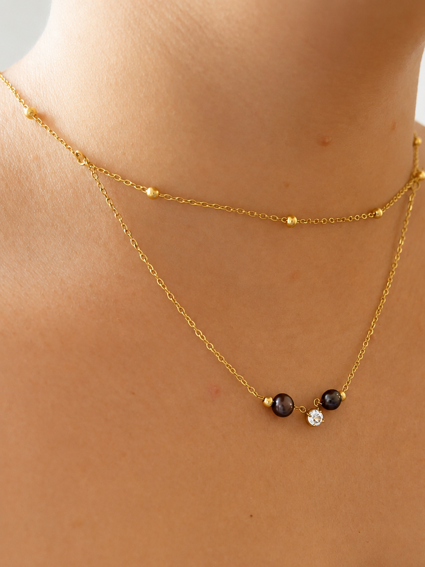 Sparkling Dark Pearl Pendant Layered Beaded Necklace