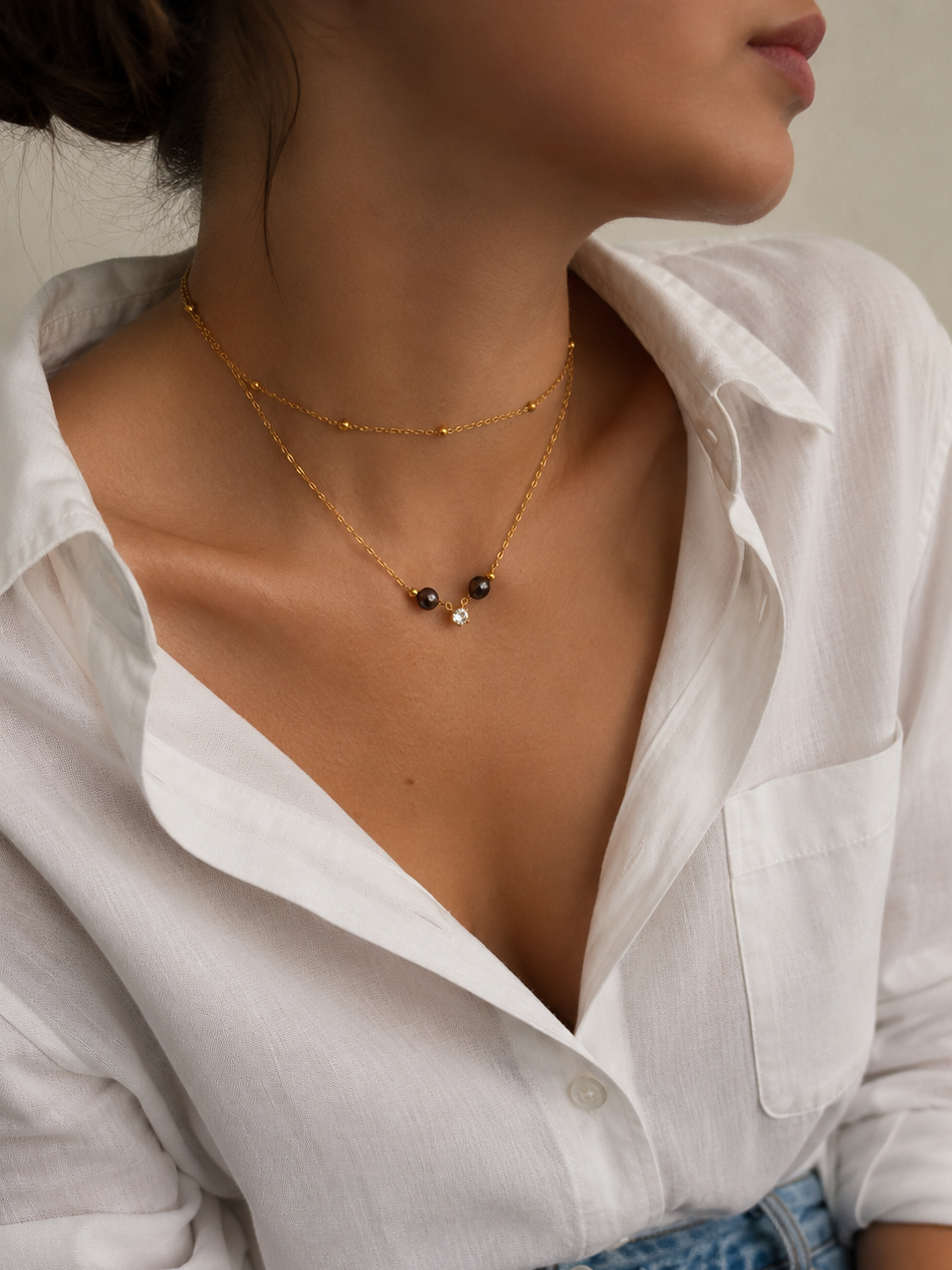 Sparkling Dark Pearl Pendant Layered Beaded Necklace