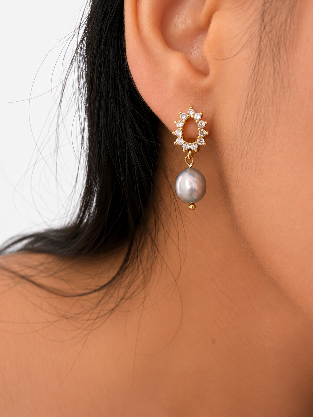 Halo Classic Grey Keshi Round Pearl Drop Earrings