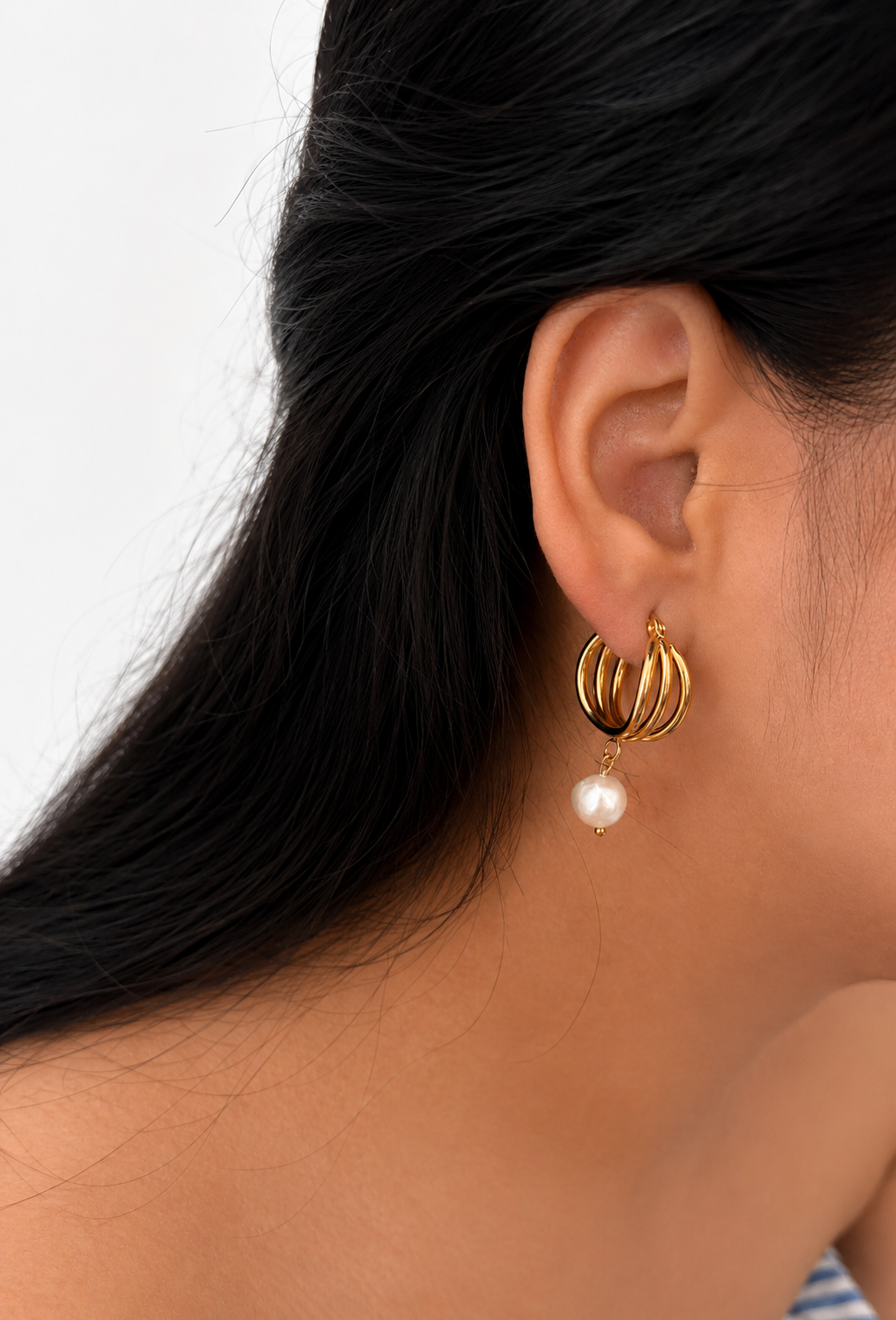 Triple Hoop Keshi Round Pearl Earrings