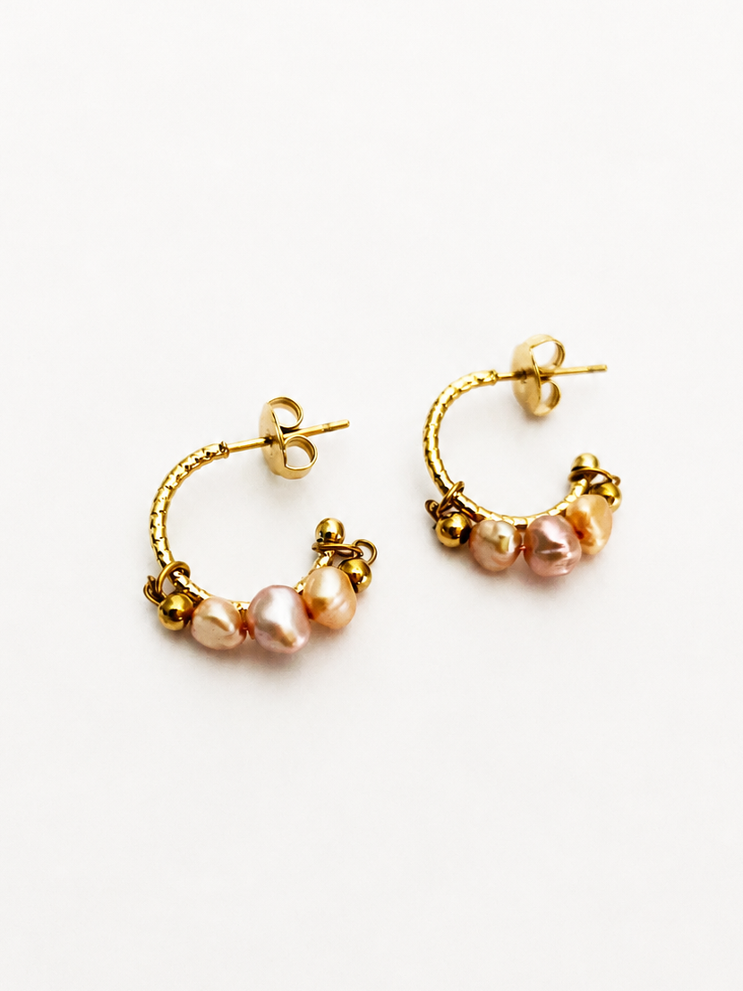 Gold and Pink Pearl Creole Earrings