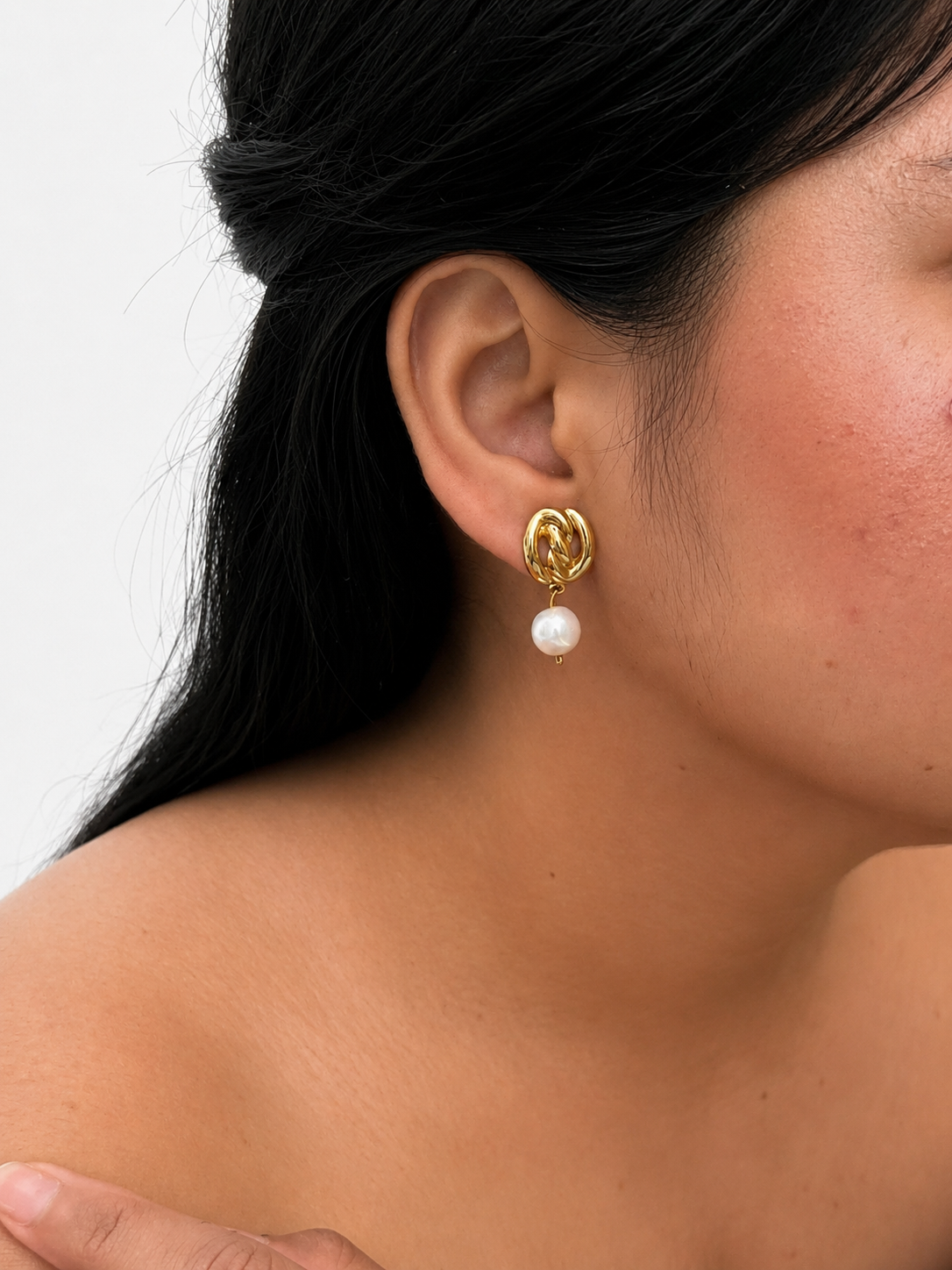Nordic Knot Baroque Round White Pearl Earrings