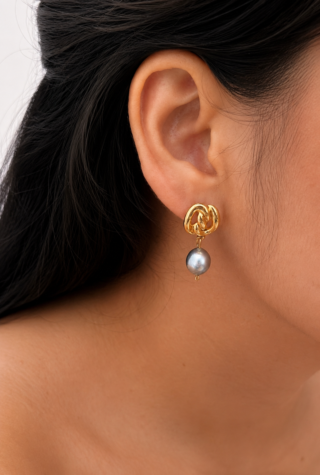 Nordic Knot Baroque Round Grey Pearl Earrings