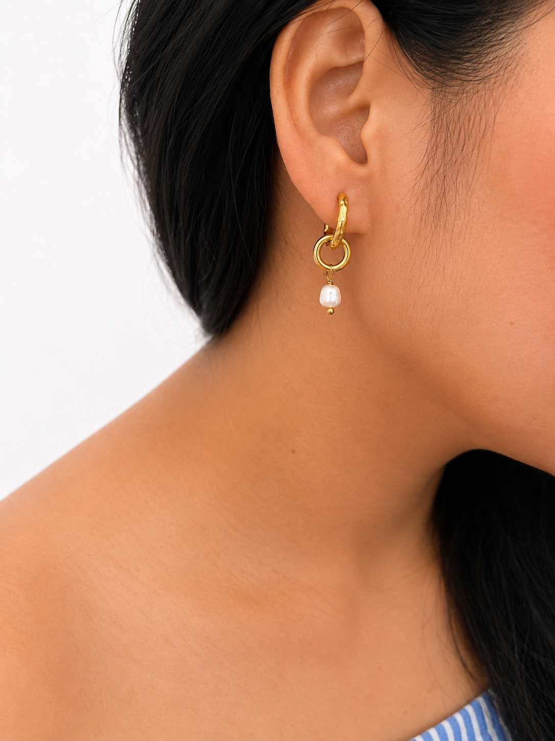Double Hoop White Pearl Earrings