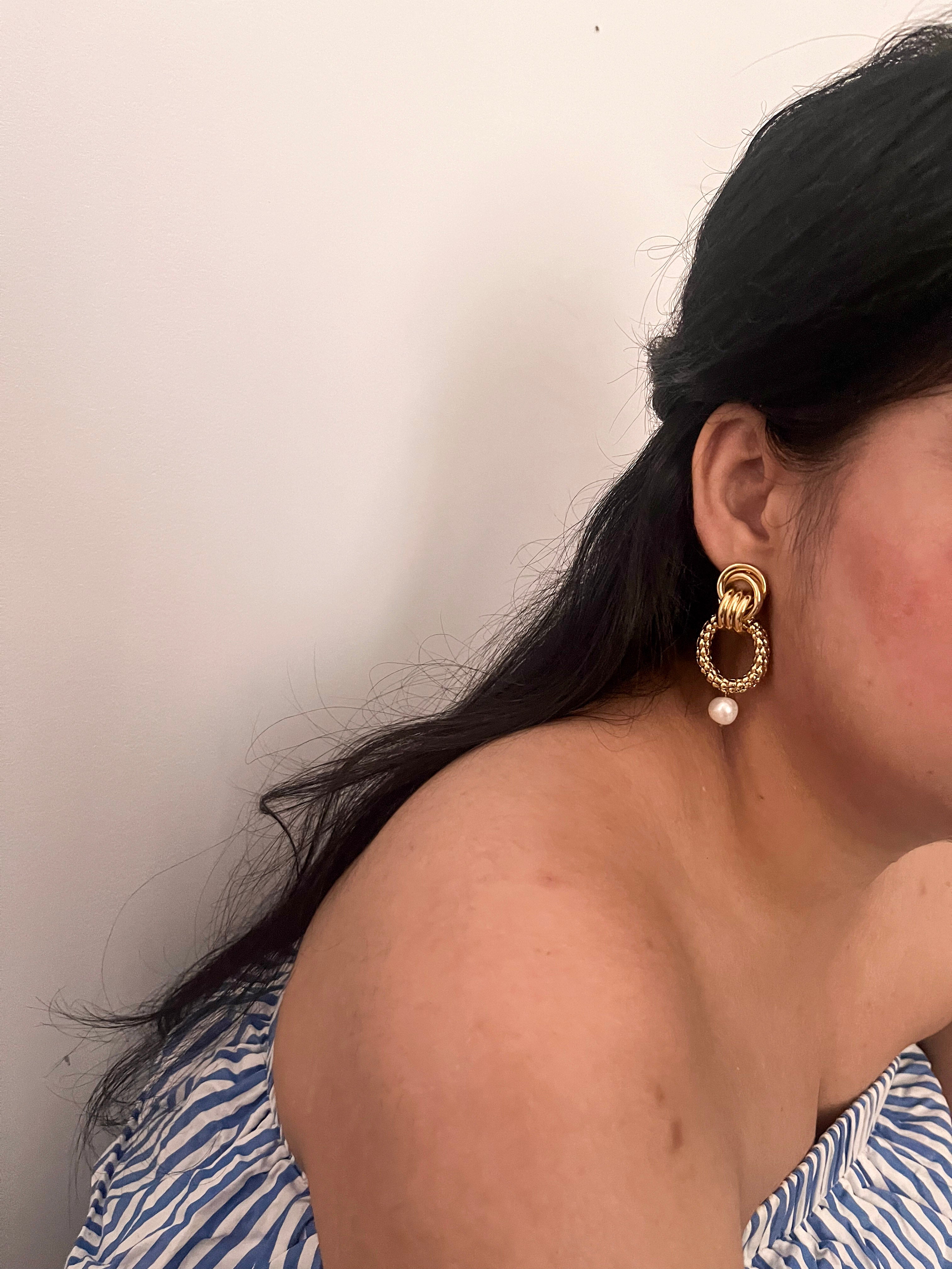 Double Hoop Keshi Round Pearl Earrings