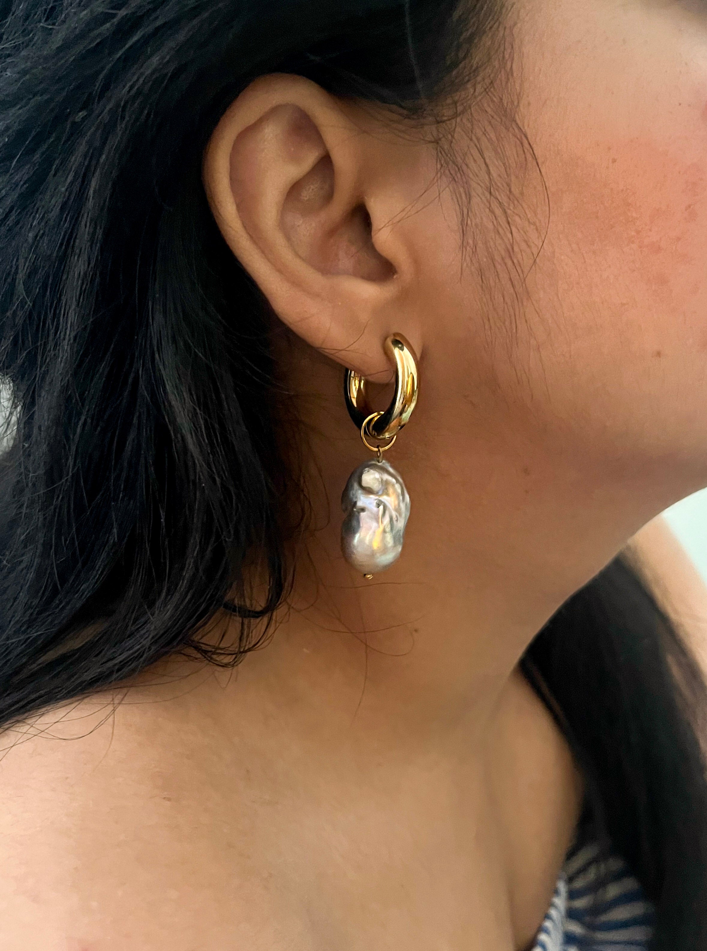 Chunky Hoop Baroque Grey Pearl Earrings