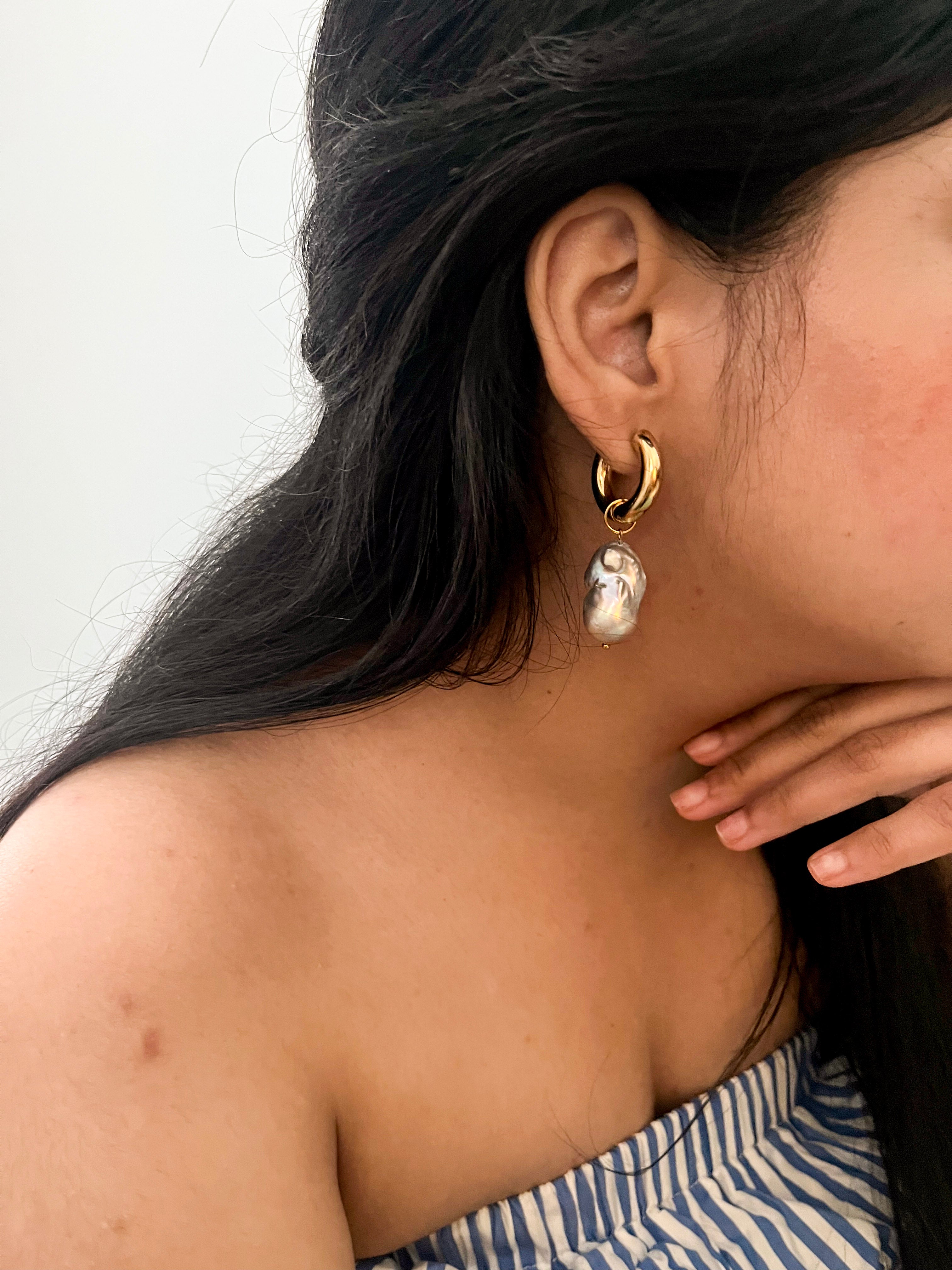 Chunky Hoop Baroque Grey Pearl Earrings