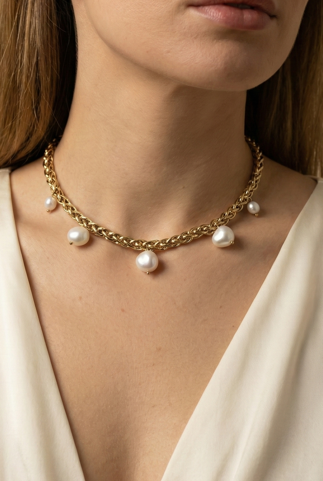 Elegant gold choker necklace featuring organic baroque pearls, shown on a model with an updo hairstyle and silk blouse