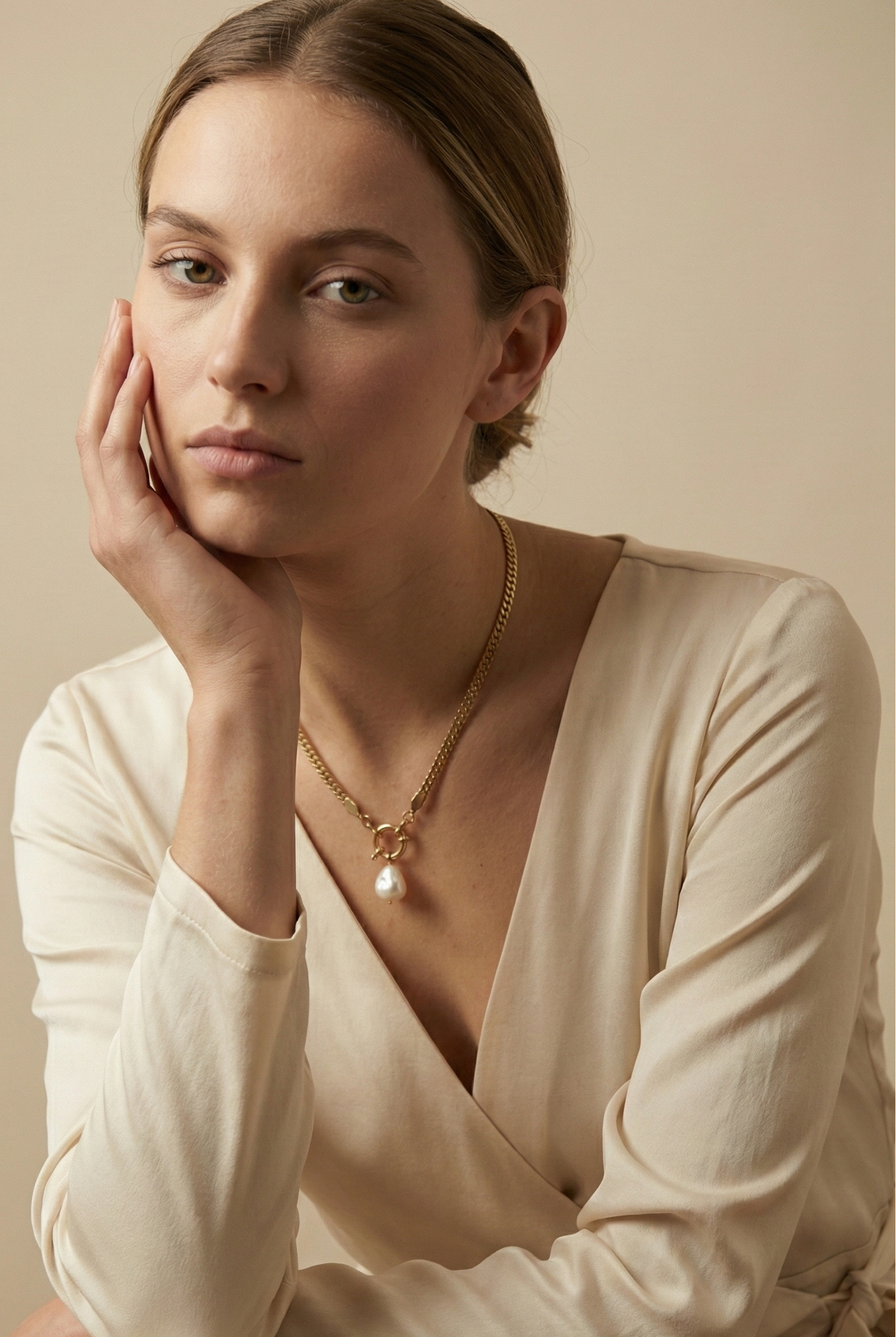 Model wearing an elegant gold chain necklace with a white baroque pearl drop and front clasp detail, styled with an ivory silk V-neck top