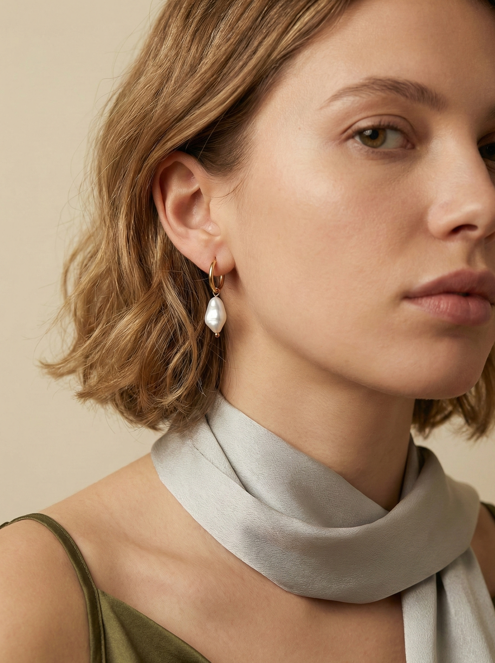 Minimalist 18k gold huggie hoop earrings with fresh water baroque pearl charms. Elegant French-style bridal jewelry modeled on a woman with a low bun, highlighting the classic drop earring design and warm beige aesthetic.