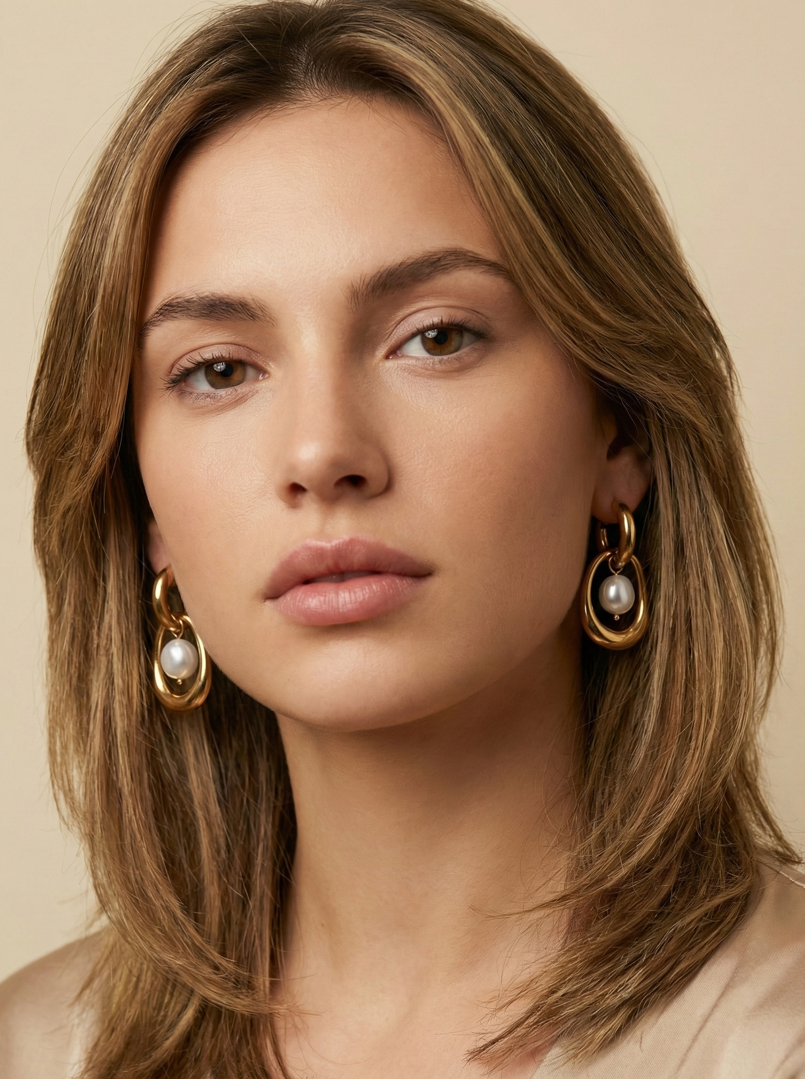 Close-up editorial photography of a gold hoop drop earring featuring a suspended white high-luster pearl, worn by a model with blonde-brown hair against a matte ivory background. High-resolution luxury jewelry shot highlighting realistic gold texture and pearl iridescence.