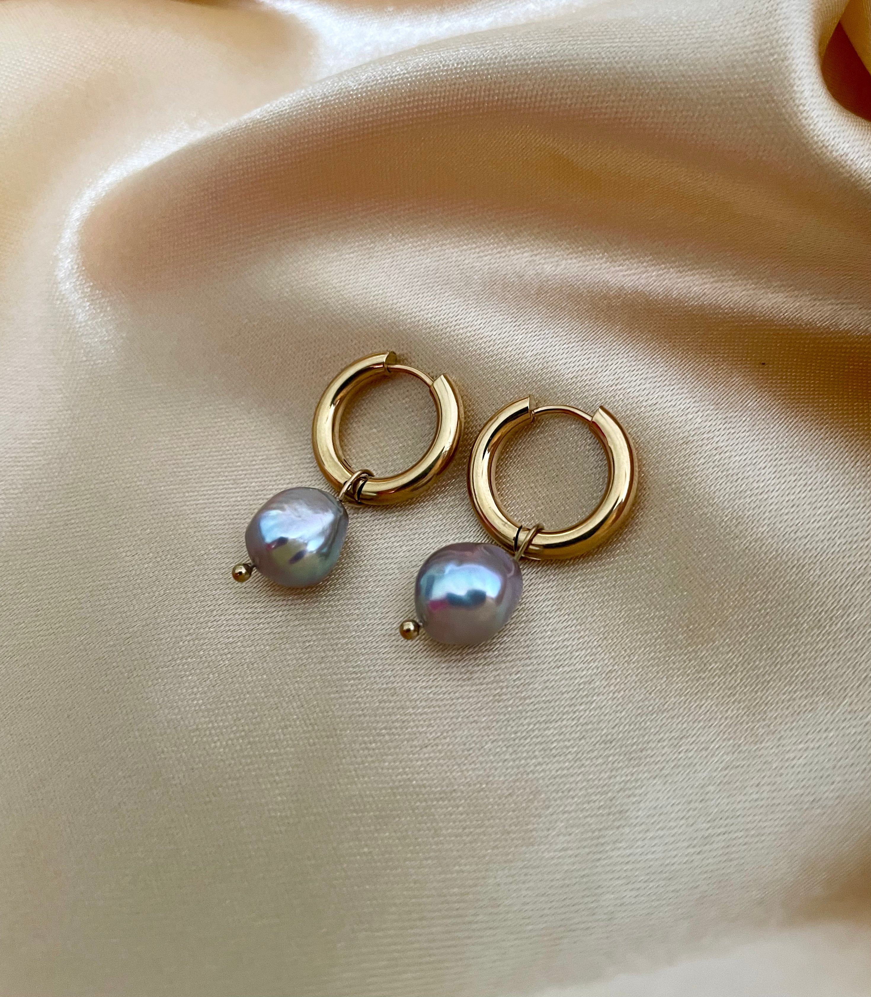 small gold hoop earrings with a metallic grey baroque pearl drop