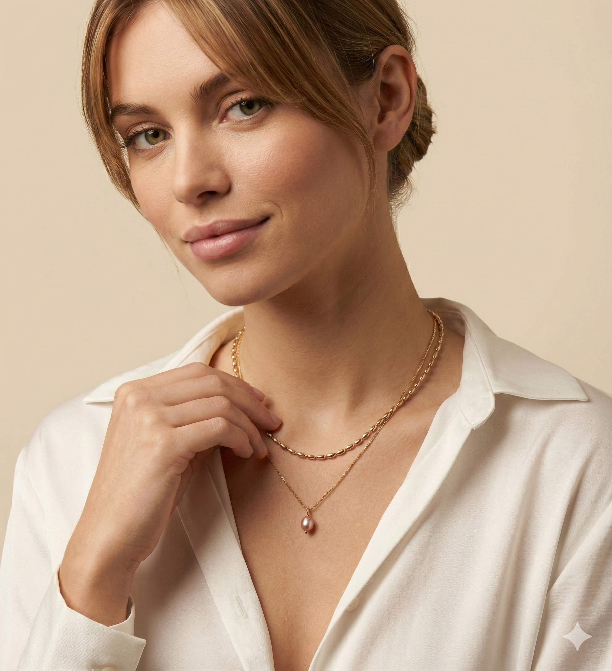 Close-up of a model wearing a layered gold necklace set featuring a choker with small gold beads and a delicate chain with a single dark pink oval pearl pendant, styled with a deep V-neck white silk shirt