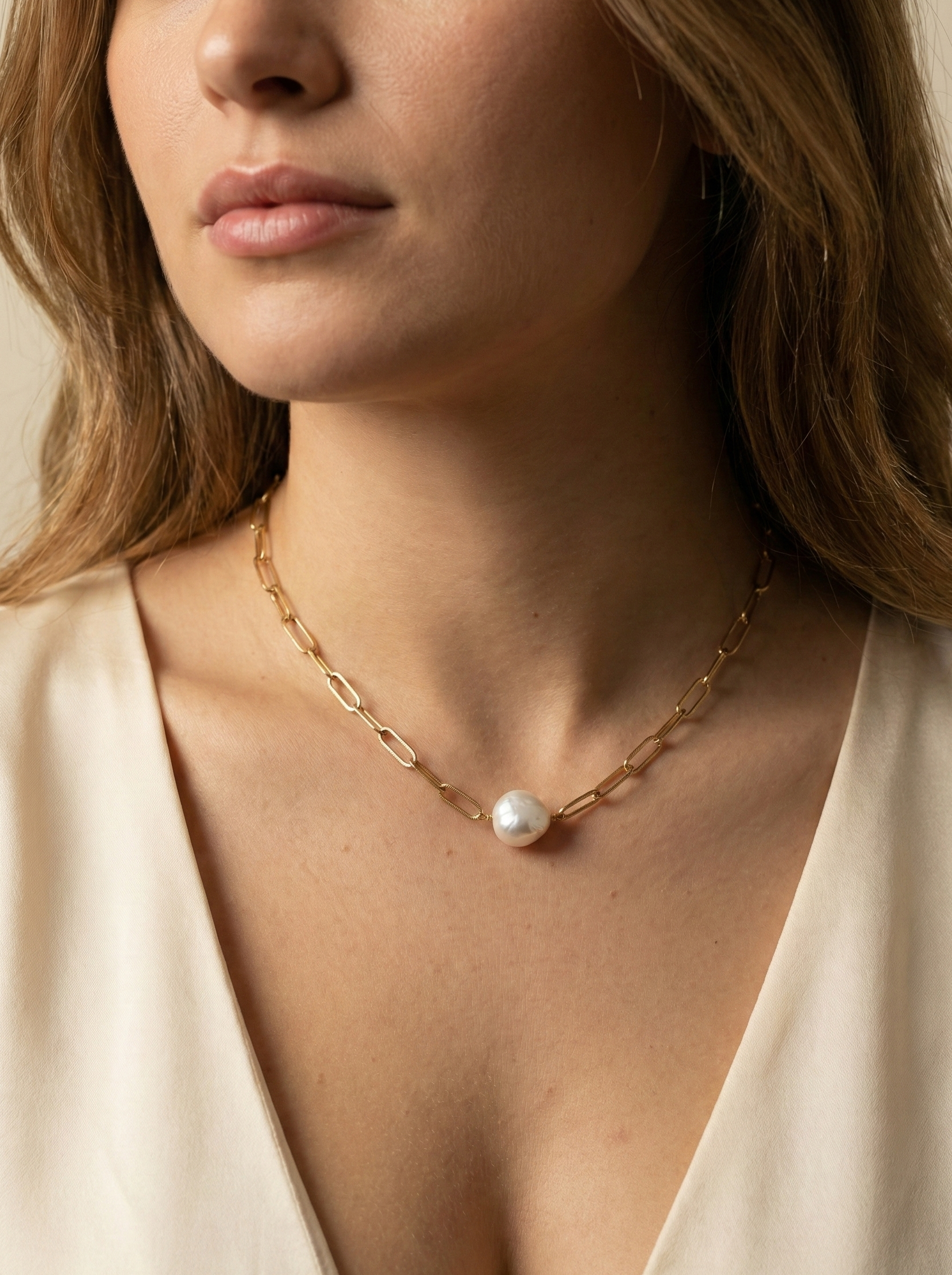 close-up of a model wearing a gold paperclip chain necklace featuring a single white baroque pearl pendant, styled with a cream silk deep V-neck top