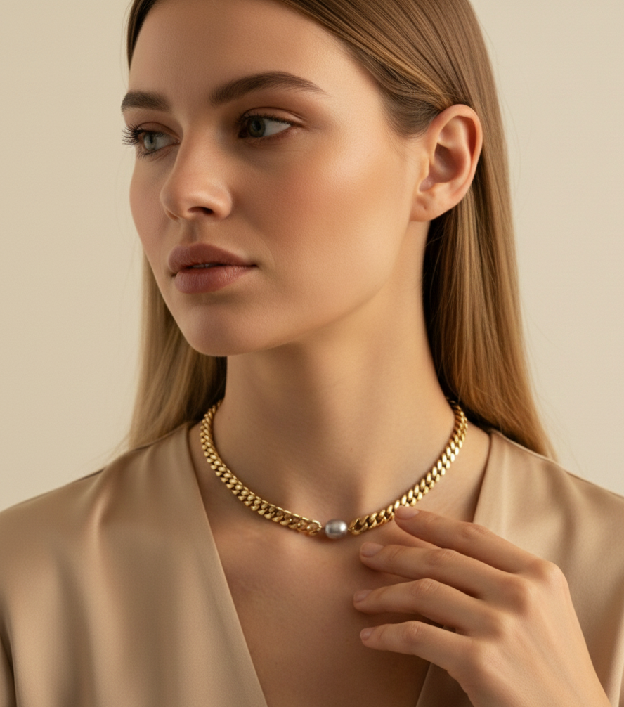 Close-up of a gold Cuban link chain necklace featuring a single, centered AAA grade grey baroque pearl on a model.