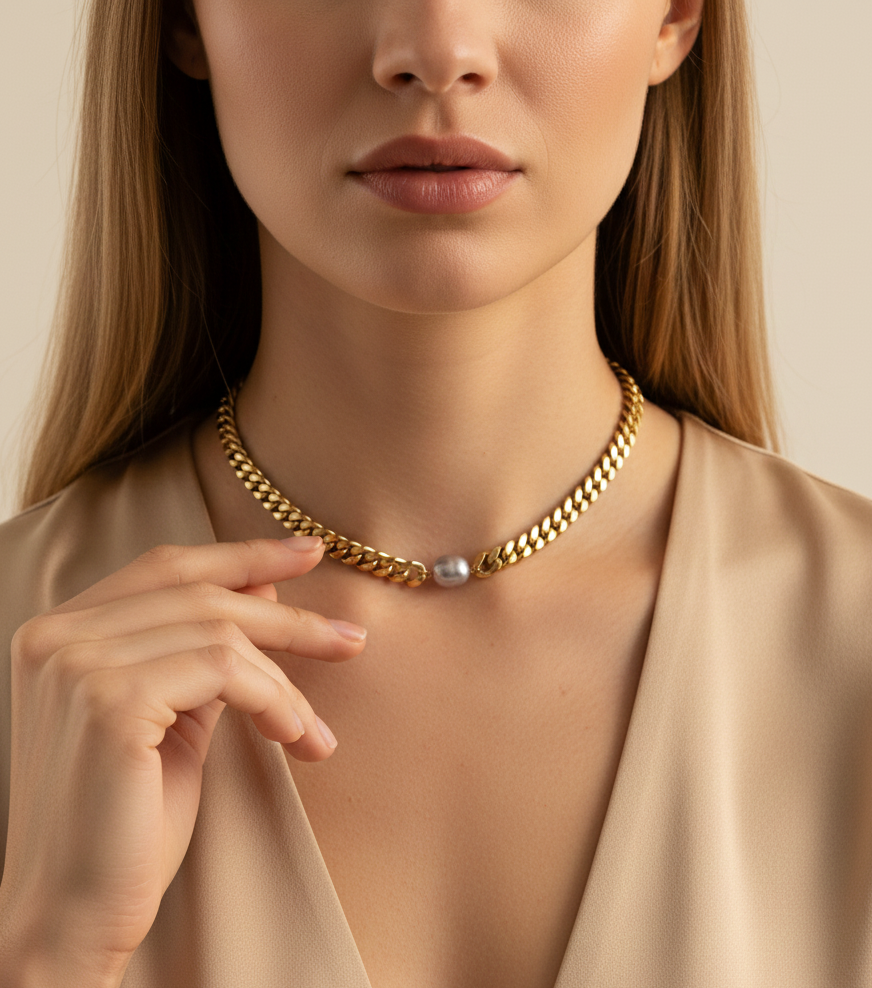 Close-up of a gold Cuban link chain necklace featuring a single, centered AAA grade grey baroque pearl on a model.