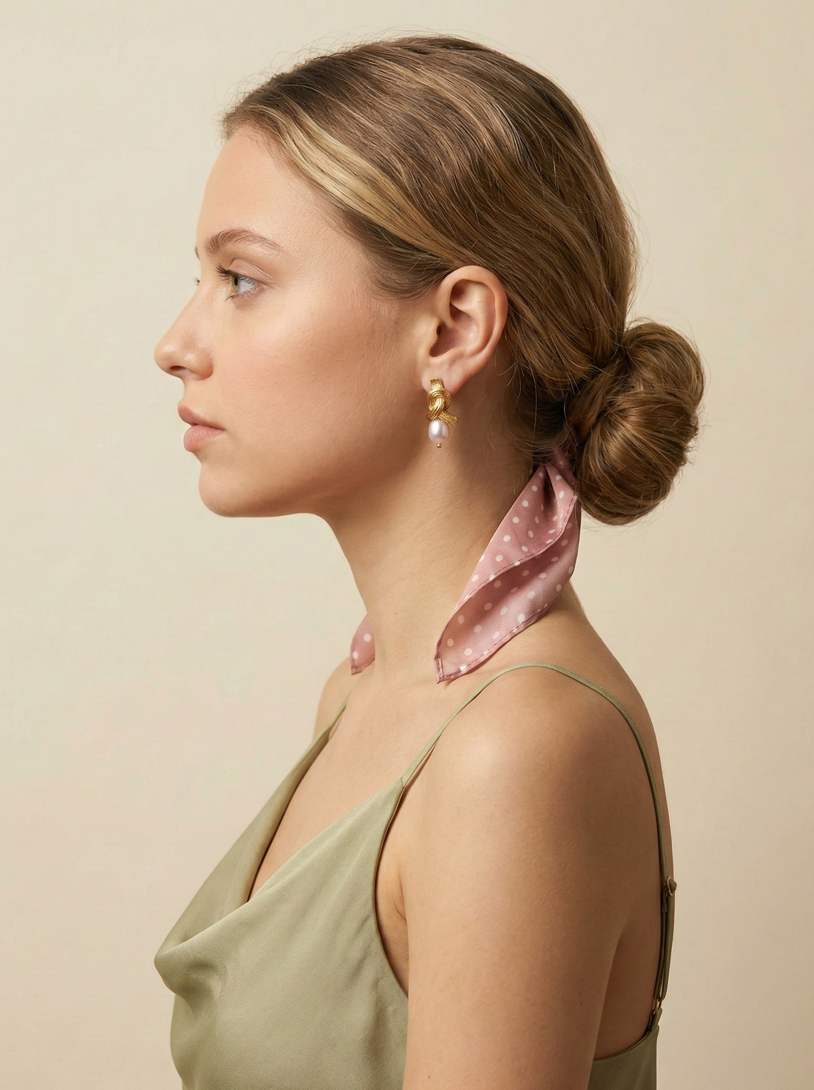 Woman wearing vintage-inspired gold knot statement earrings with dangling pink pearls. High-quality jewelry photography showing the detail of the ribbed gold texture and pearl luster against skin, styled with a casual-chic scarf.