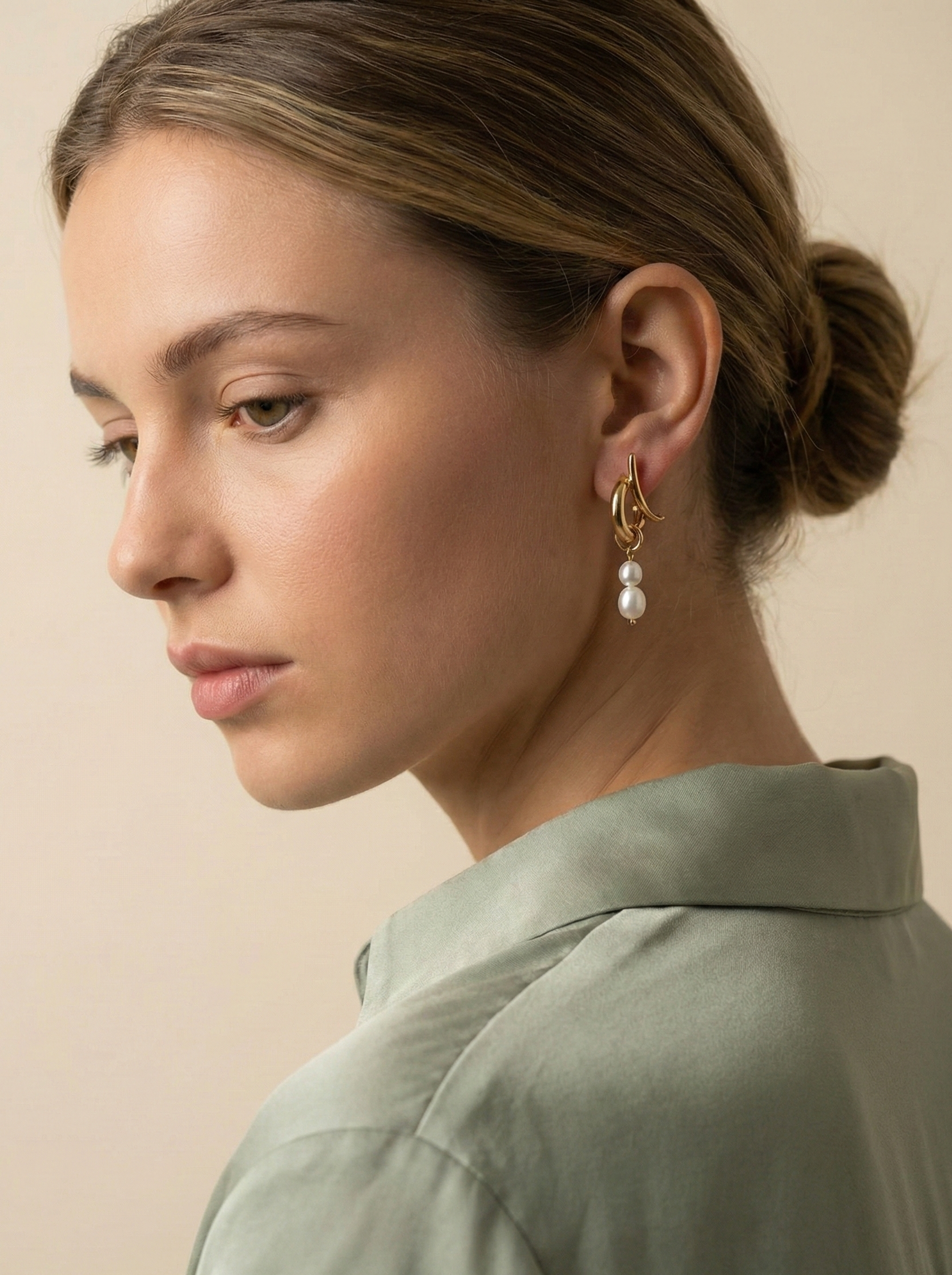 18k gold plated sculptural hoop earrings with pearl charm | Womens statement jewelry | Double pearl drop earrings for wedding or daily wear | High clarity macro jewelry photography