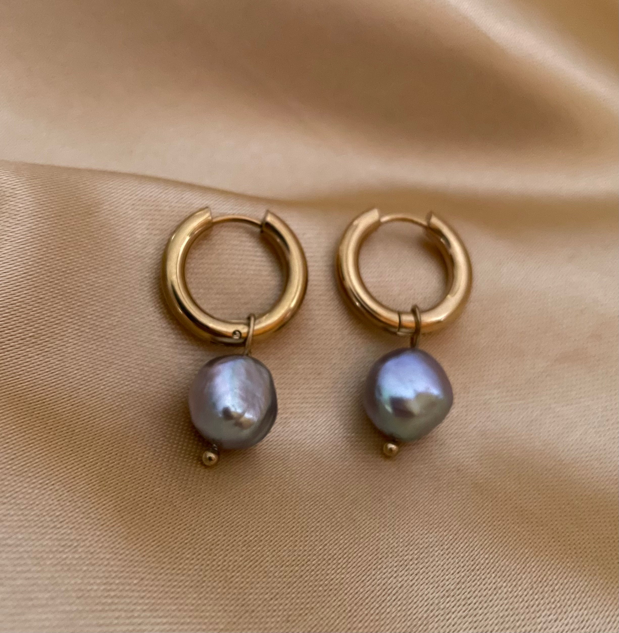 small gold hoop earrings with a metallic grey baroque pearl drop
