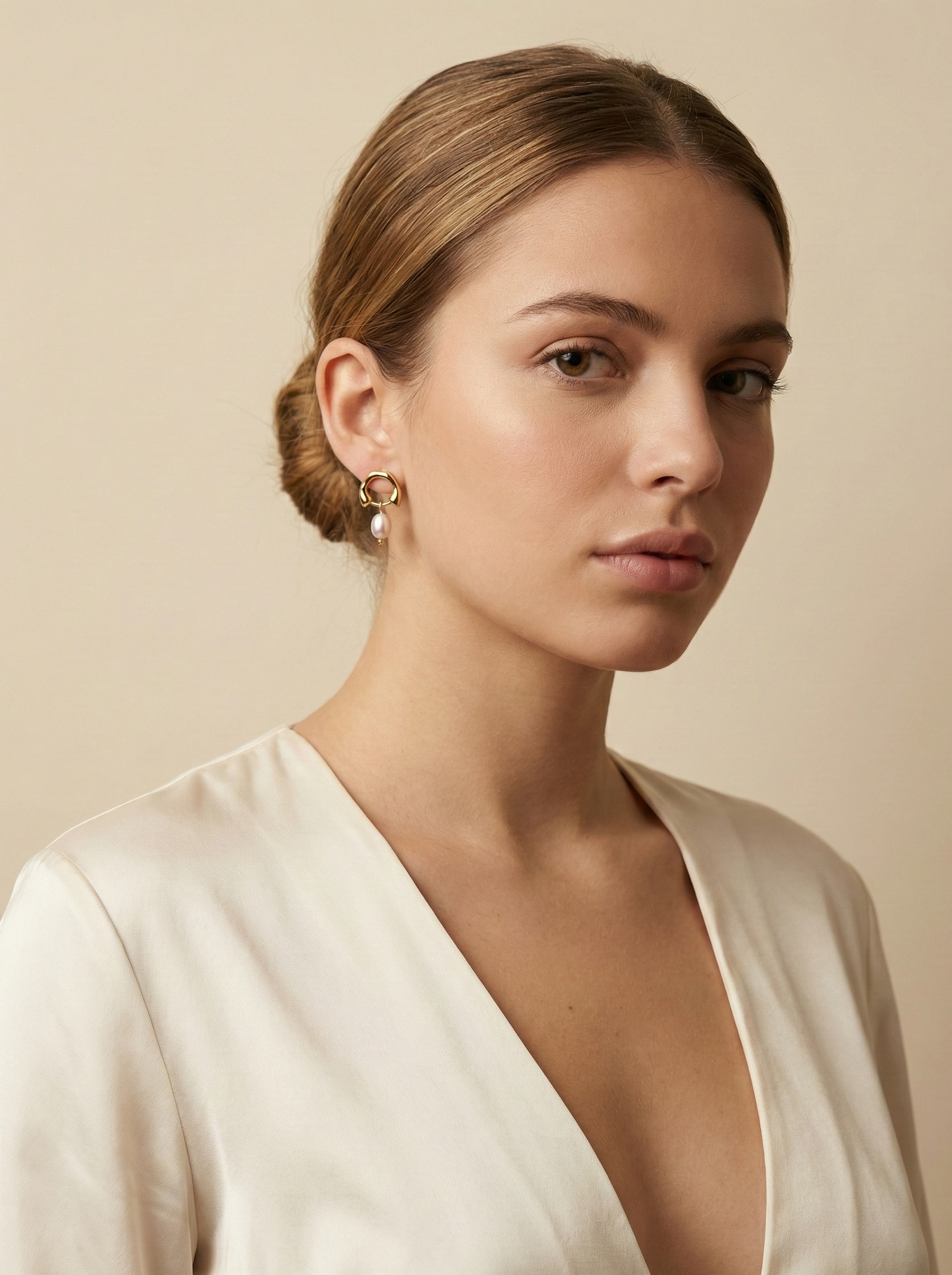 Close-up detail of organic gold huggie hoop earrings featuring a high-luster pink oval freshwater pearl drop, worn on a model's ear against a matte ivory background.