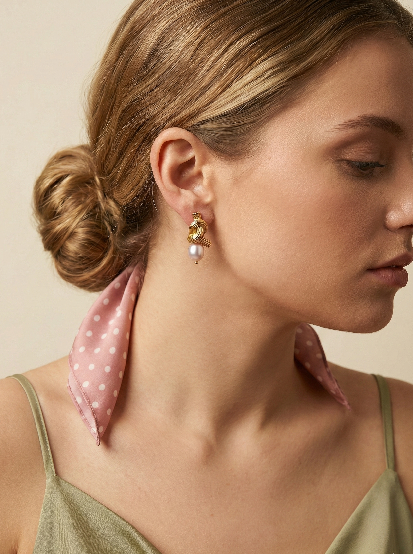 Elegant jewelry styling inspiration: Chunky gold twisted knot studs with pink pearl drops. Close-up side profile shot of a model wearing luxury pearl earrings with a green cami and polka dot scarf. Perfect for bridal or everyday elegance.